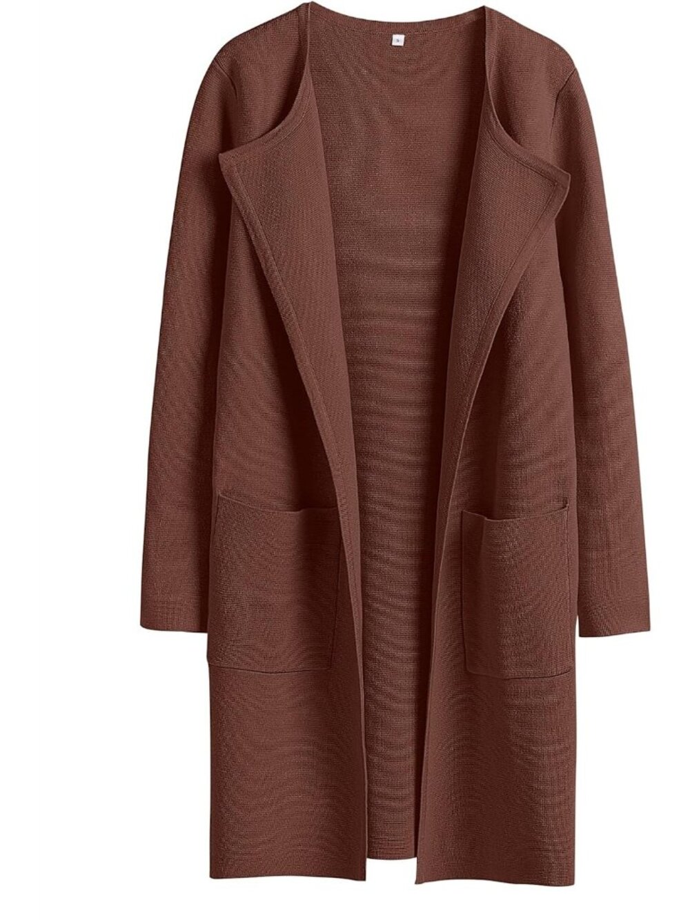 Women's Red Brown Long Sleeve Open Front Mid Length Knit Cardigan Sweater Coat